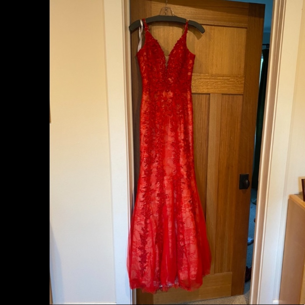 Sherri Hill - 50938: Red Tulle Mermaid With Lace